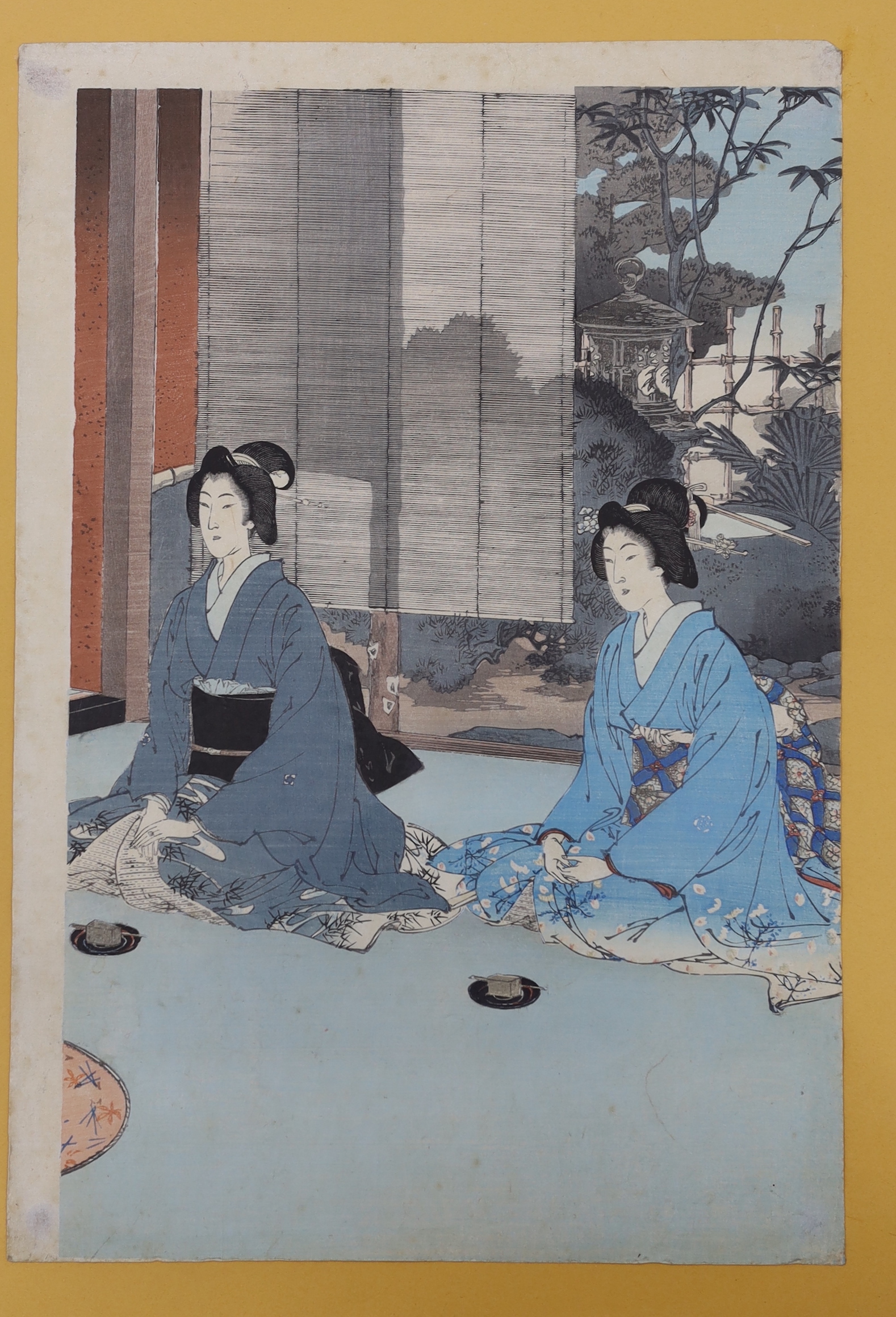 Five Japanese woodblock prints including one by Toyohara Chikanobu (1838-1912) 'Bridge over water' and four others, women wearing kimonos, each 37 x 25cm